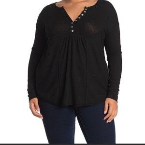 Sweet Romeo Top Black Waffle Knit Oversized Henley Nordstrom Women’s Size 1X NEW